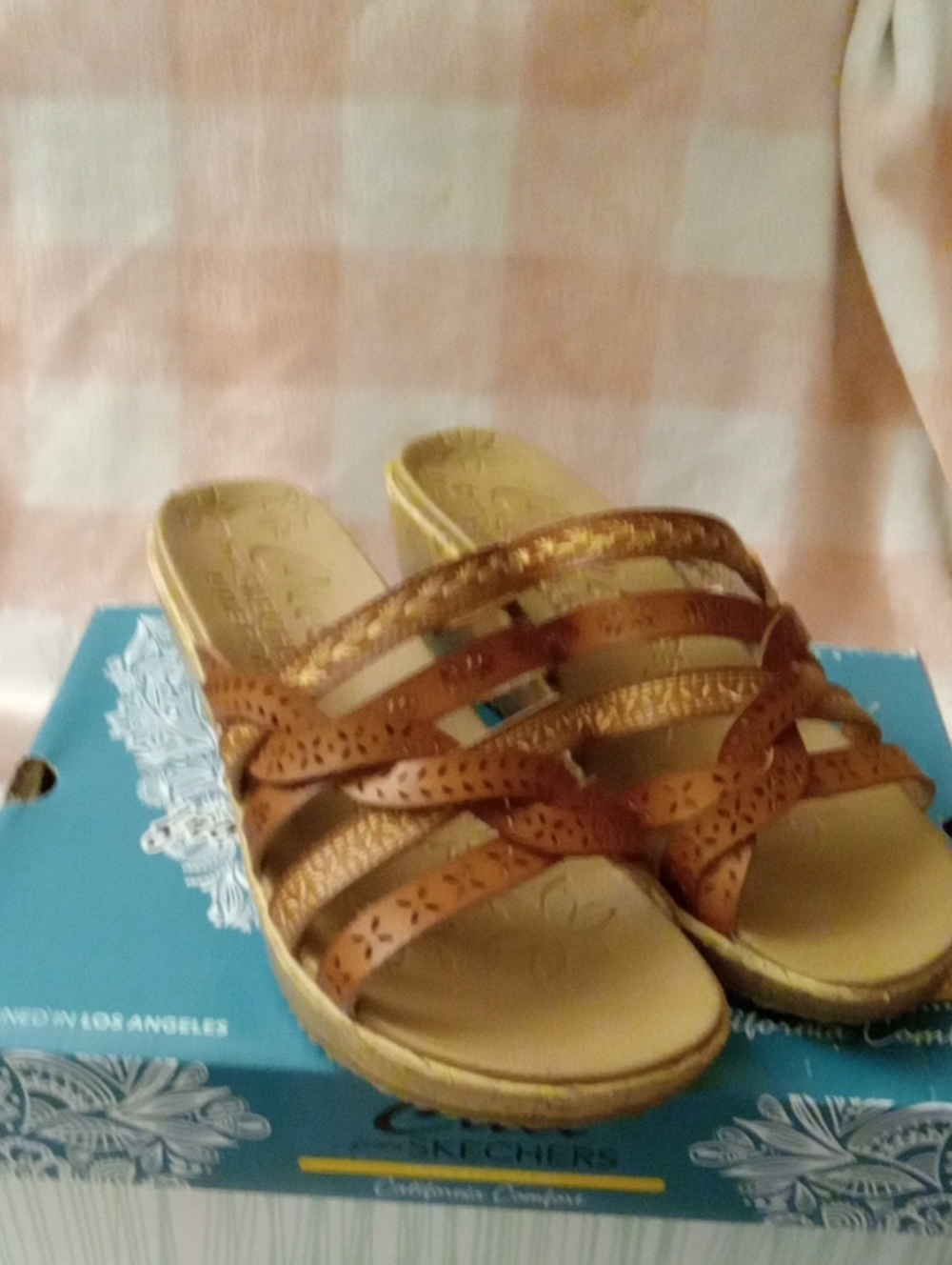 Skechers Women's Tan Multi-Strap Wedge Mules